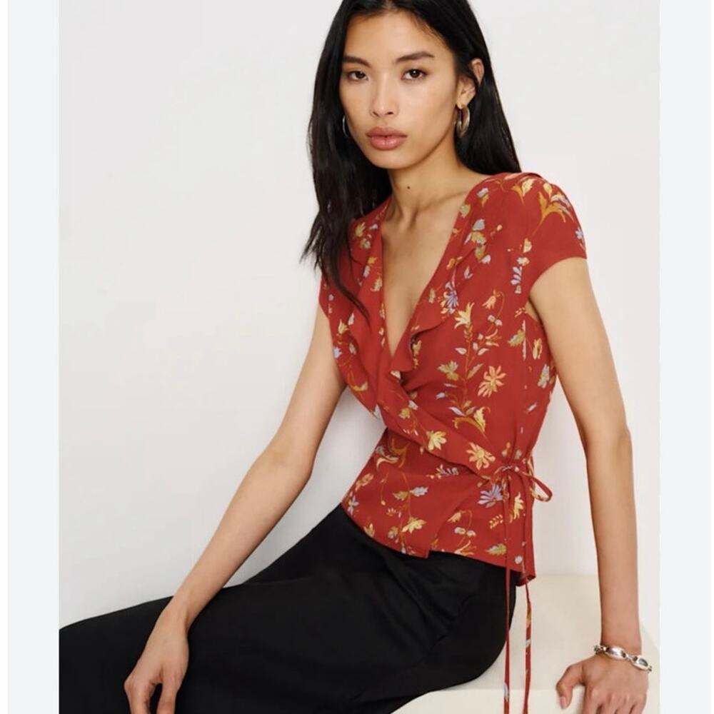 Reformation Rust Floral Wrap Blouse
